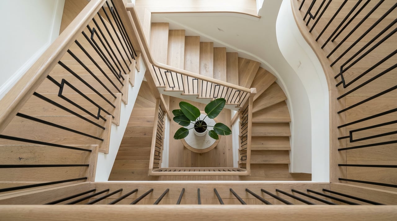 Oak staircase spirals around an open stairwell toward a foyer table topped with a potted Strelitzia.