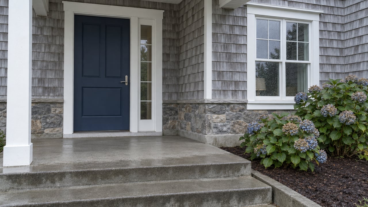 Weathered cedar-shingle cottage entry with a navy door, white trim, stone base and faded blue hydrangeas beside damp concrete steps.