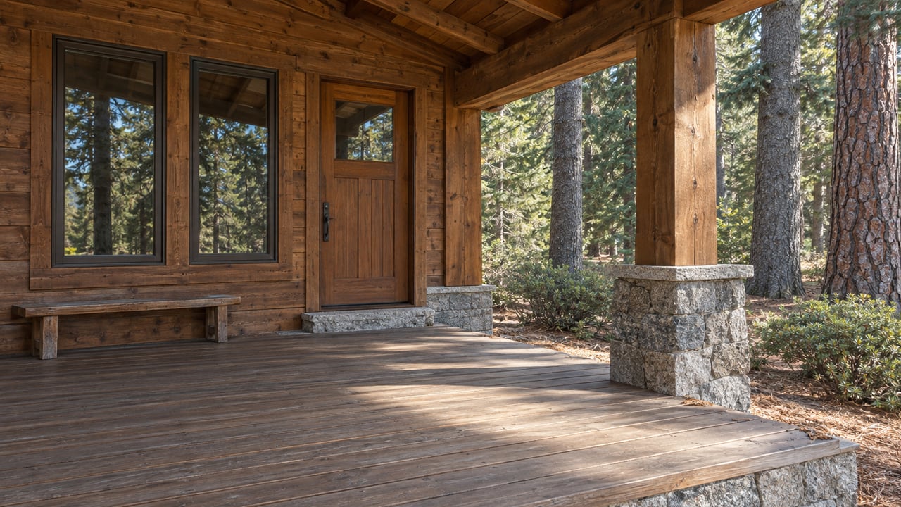 Weathered timber cabin porch with granite supports, a glazed entry, and mature conifer trunks beside the deck.