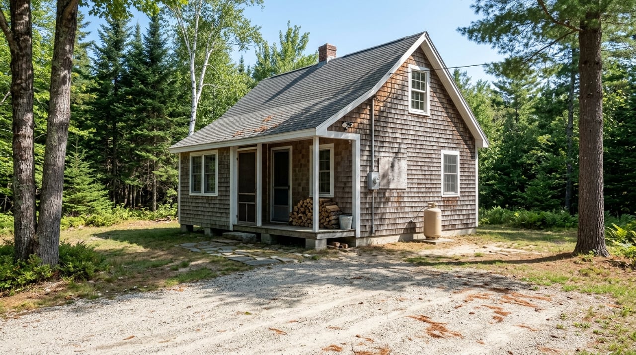 Modest shingle-sided camp cabin beside a gravel approach, with a meter mast and propane tank.