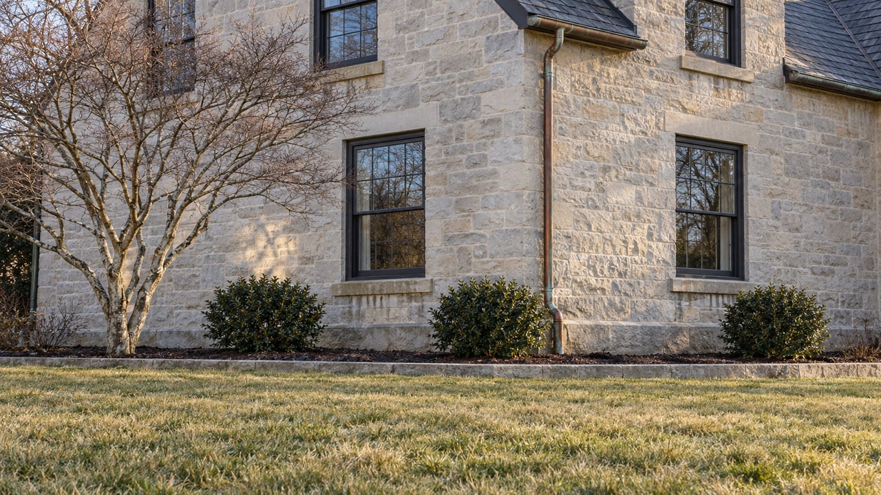 Winter sunlight on a pale limestone home with black sash windows, a bare Japanese maple and a broad lawn.
