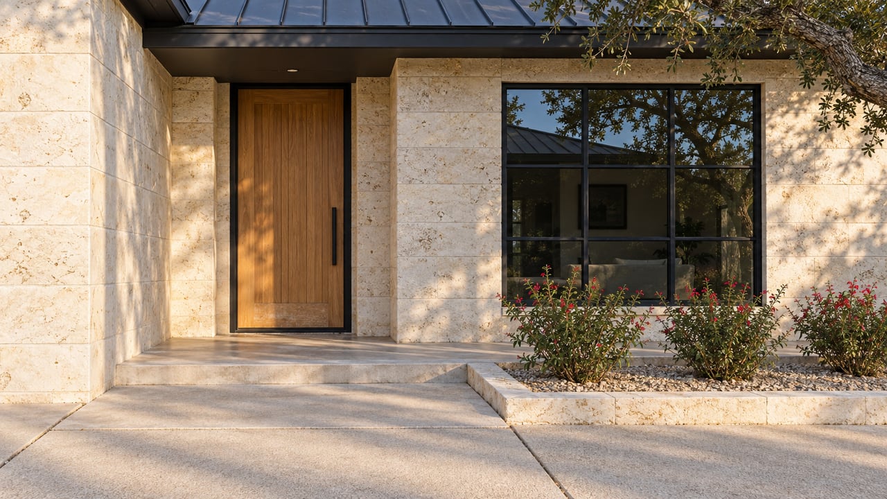 Warm sunlight falls across a limestone home entry with an oak door, black-framed window, concrete approach and red-flowering sage.