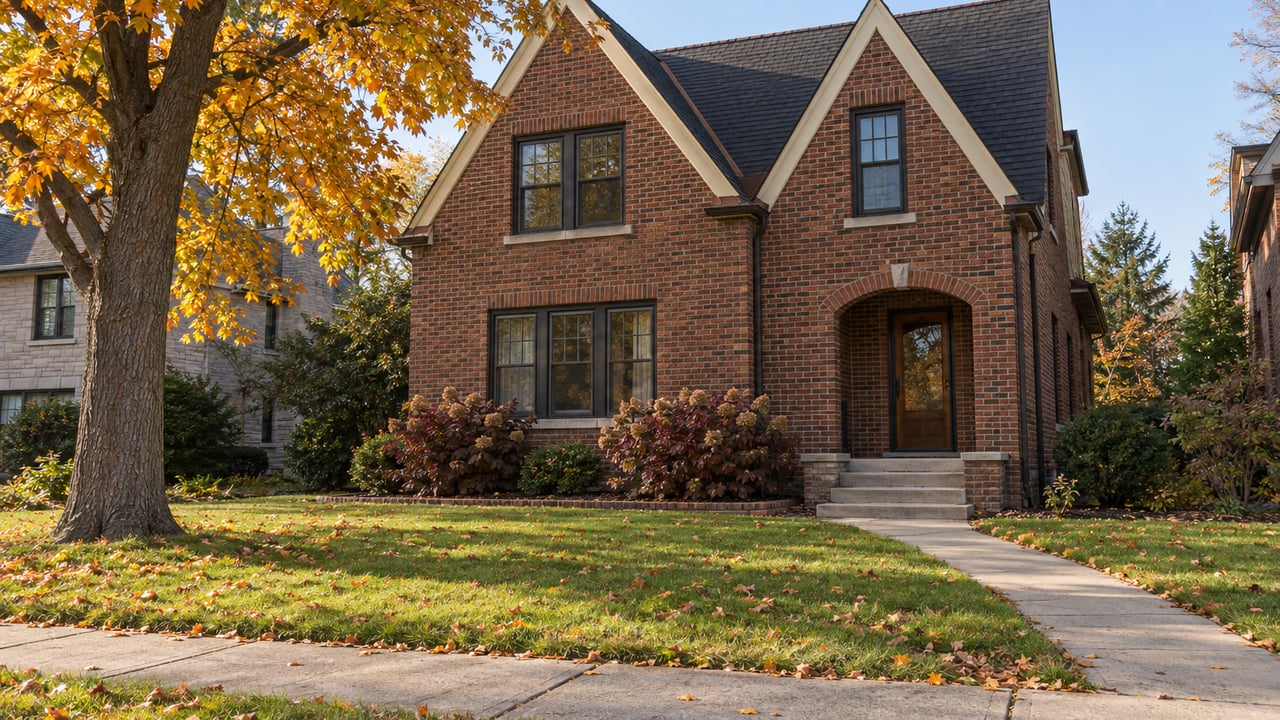 Two-story red-brown brick home behind a deep autumn lawn, with limestone entry steps, bronze-framed windows and a golden sugar maple.