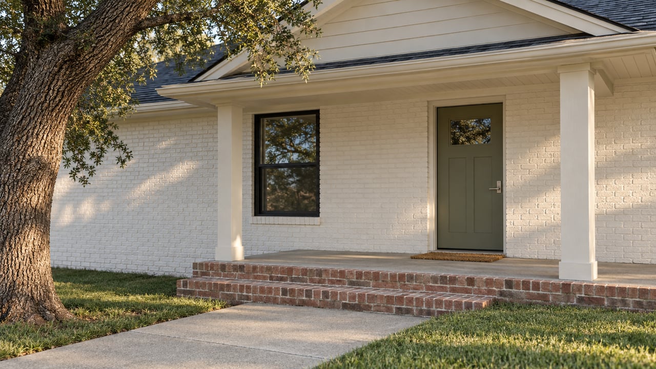 White painted-brick cottage porch with an olive door, brick steps, concrete walk and mature oak.