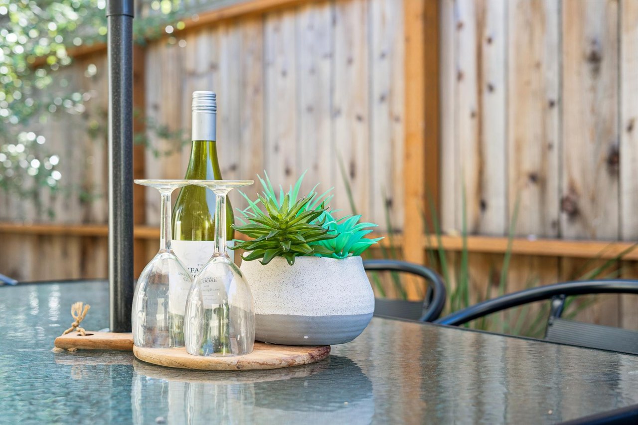 Outdoor patio table with wine glasses and a potted succulent beside a wooden fence.