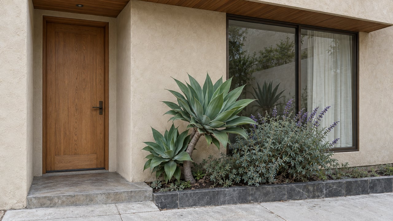 Sand-colored stucco home with a recessed oak door, bronze-framed window, and agave in a narrow planting bed.