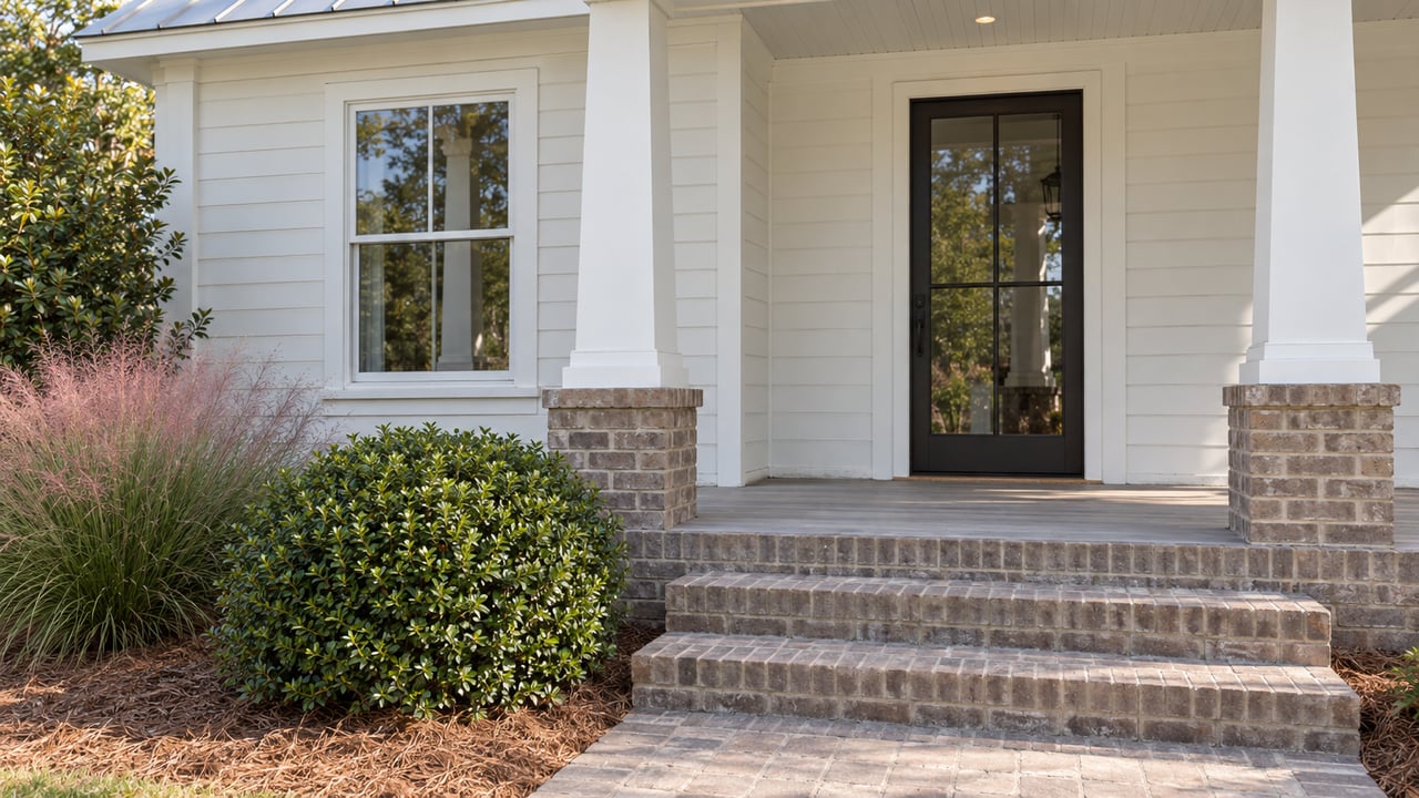 White lap-sided house entry with a glazed front door, brick steps, and clipped shrubs beside the path.