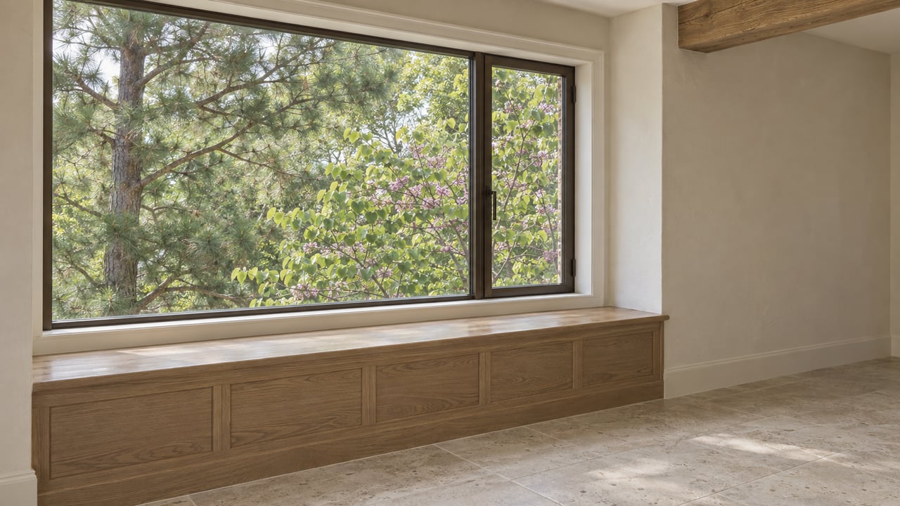 Oak window seat beneath a broad window overlooking overlapping pine needles and heart-shaped leaves.