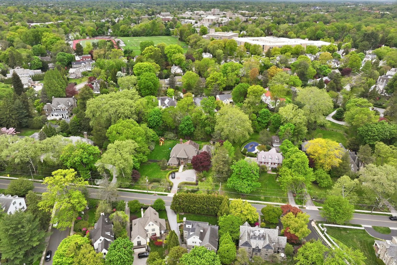 Aerial view of Wynnewood, PA, looking west toward Lower Merion High School on Philadelphia’s Main Line