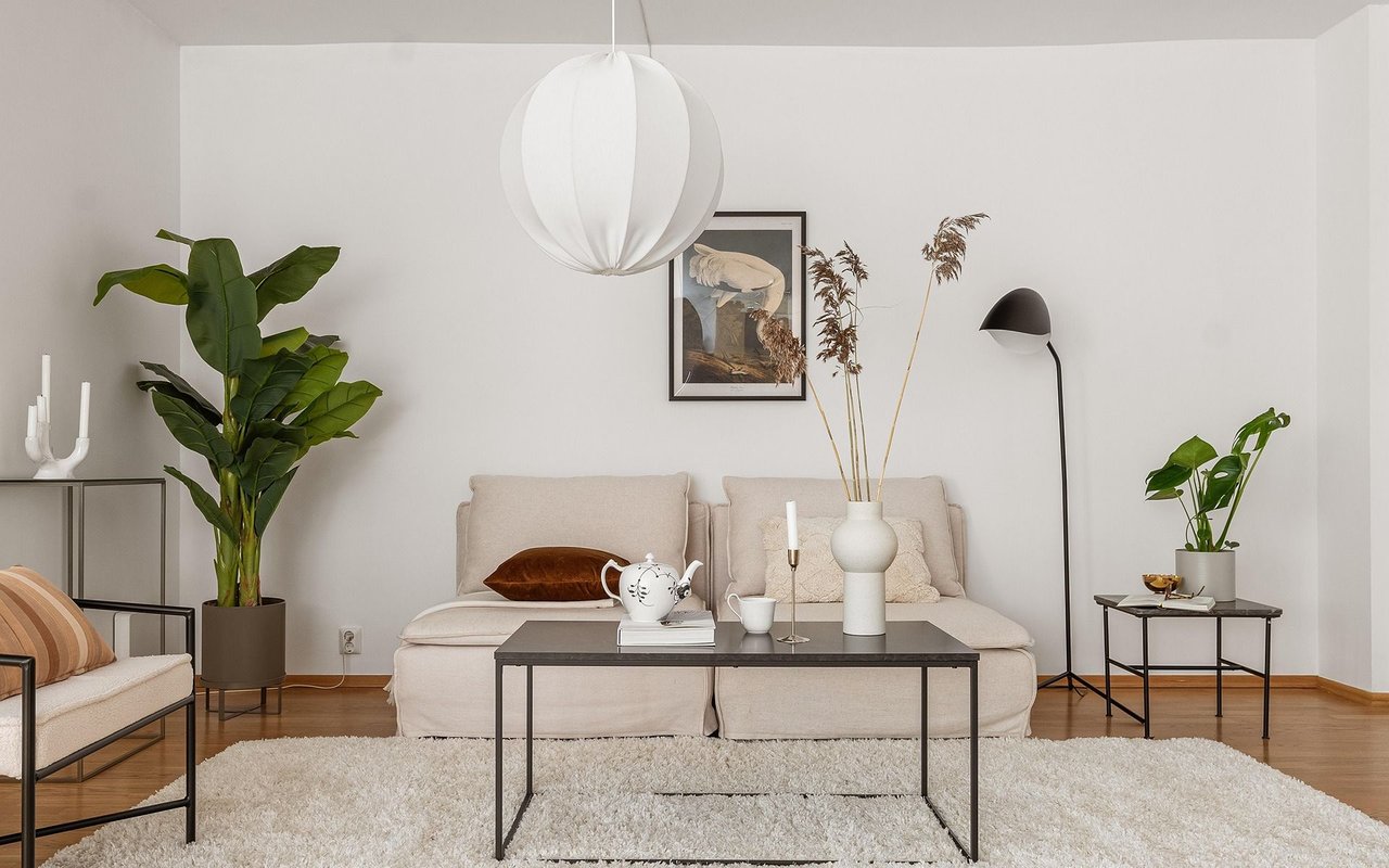 Staged living room with a cream sofa, black coffee table, and large potted plants.