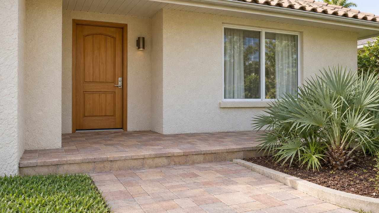 Covered stucco home entry with a wood door, white-framed window, weathered pavers and a silver-green saw palmetto.