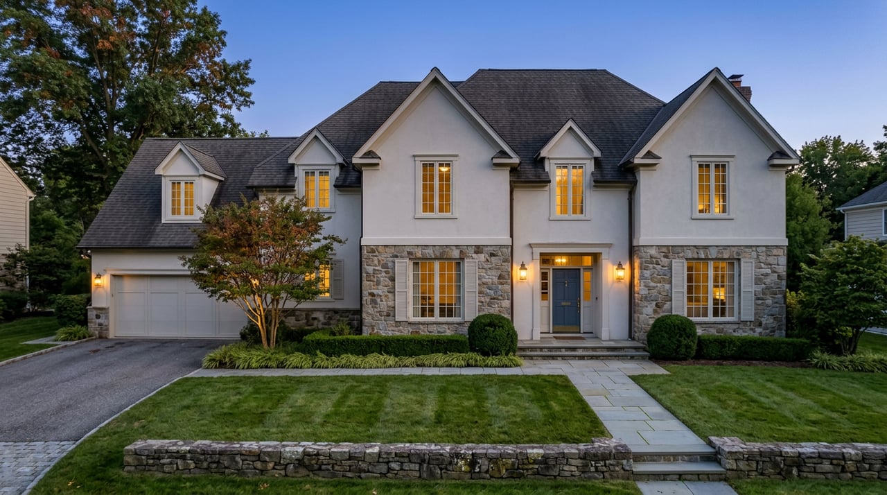 Two-story stone-and-stucco home glowing at dusk, with a multi-gabled roof, curved driveway, and paver walkway.