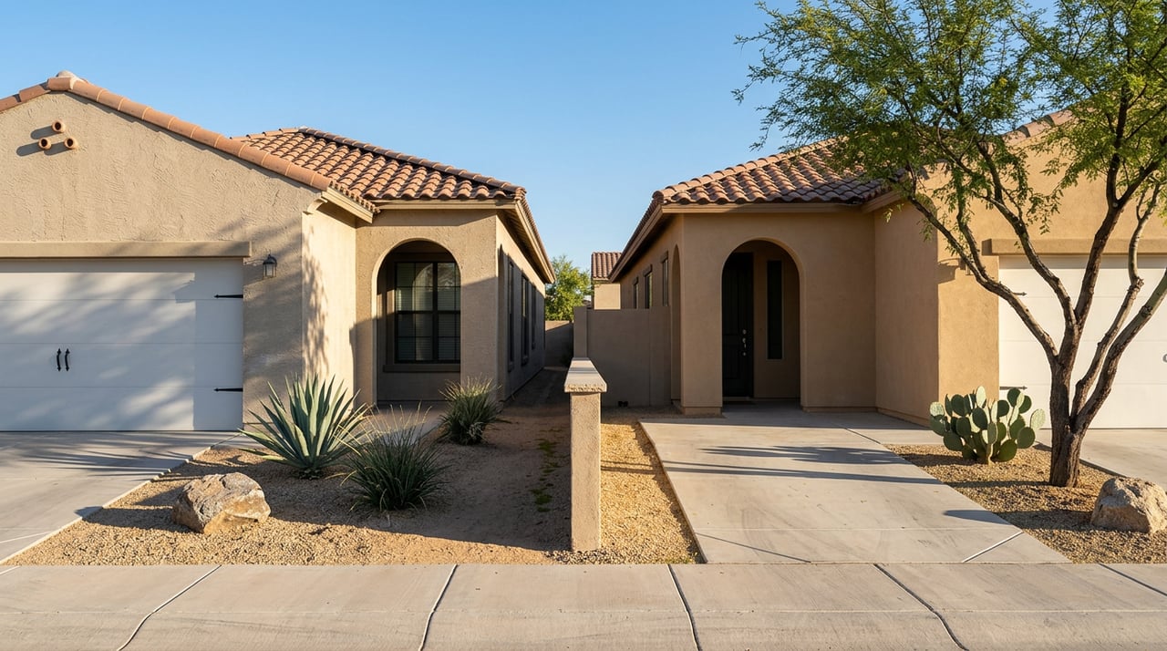 Two sand-colored stucco homes with terracotta roofs, desert gardens, and a gravel strip between their driveways.