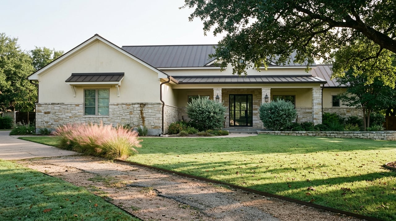 Stone-and-stucco house with covered entry, gravel path across a broad lawn, and oak canopy.