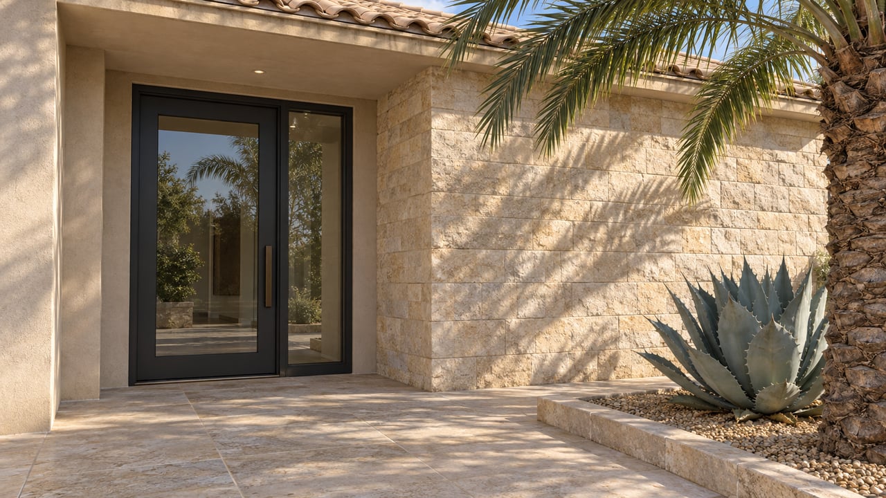 Sunlit limestone approach to a recessed glass entrance, with warm stucco walls, a date palm and a sculptural agave.