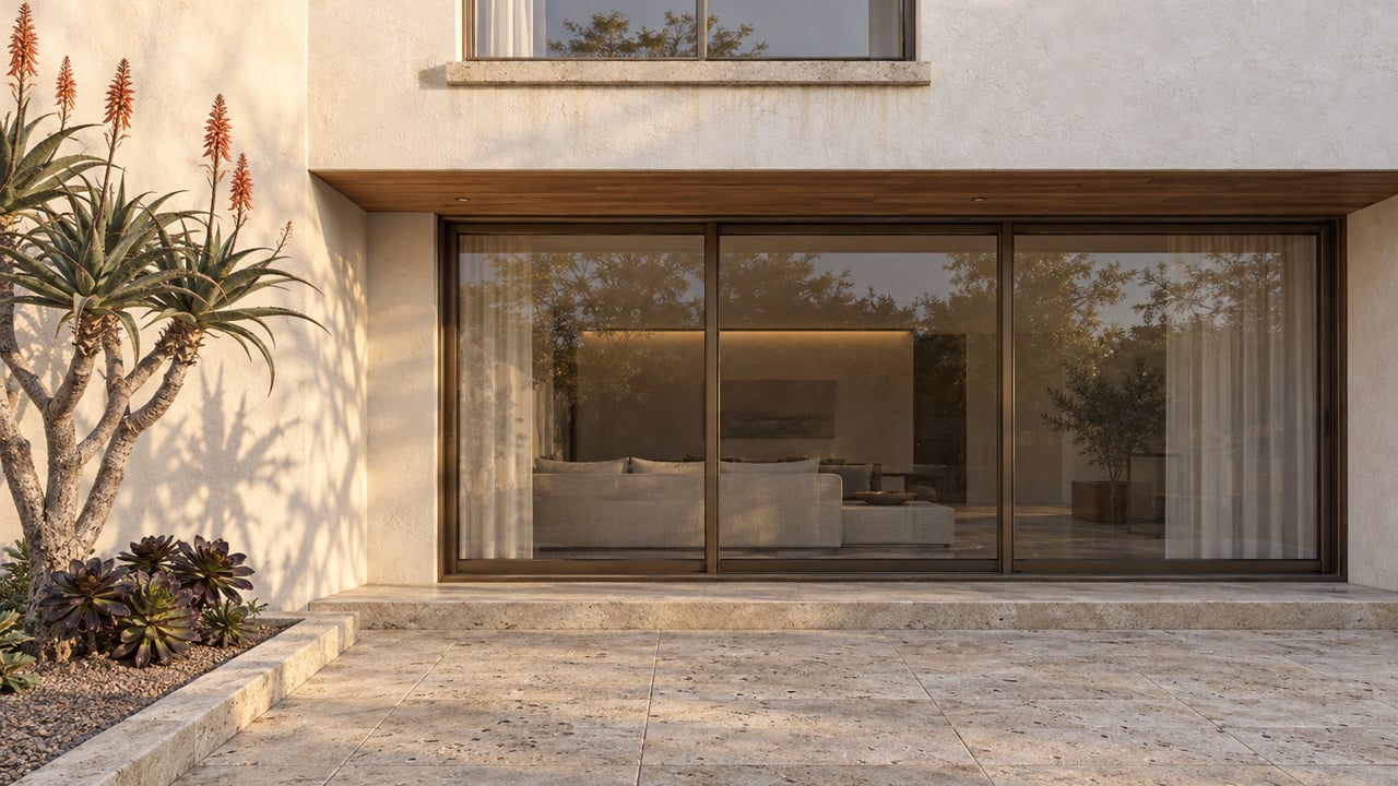Warm light across an ivory stucco home, cedar-lined terrace and closed bronze-framed glass doors beside a sculptural tree aloe.