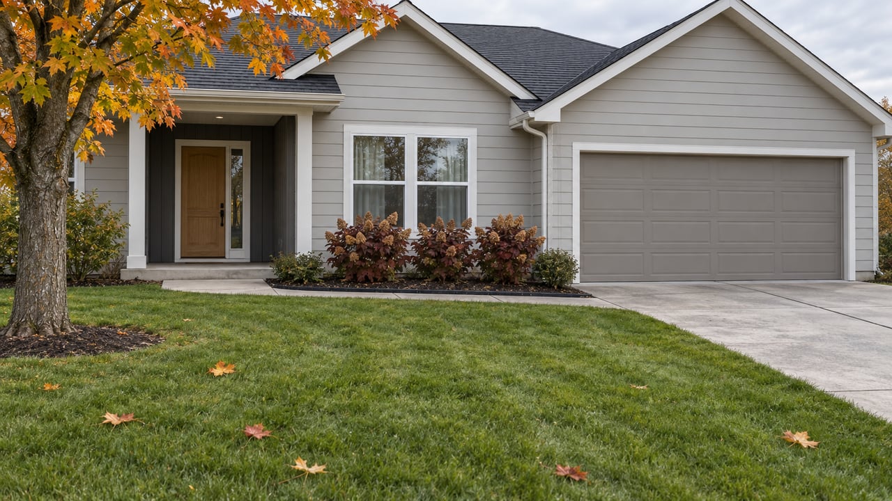 Light-sided suburban home with dark gabled roof, broad concrete approach, deep green lawn and an amber-leaved sugar maple.