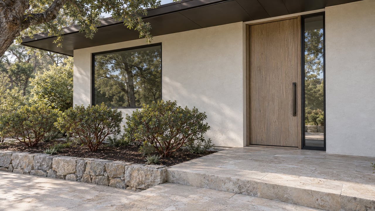 Oak entry door beside a black-framed window, limestone walk, and three manzanita shrubs.