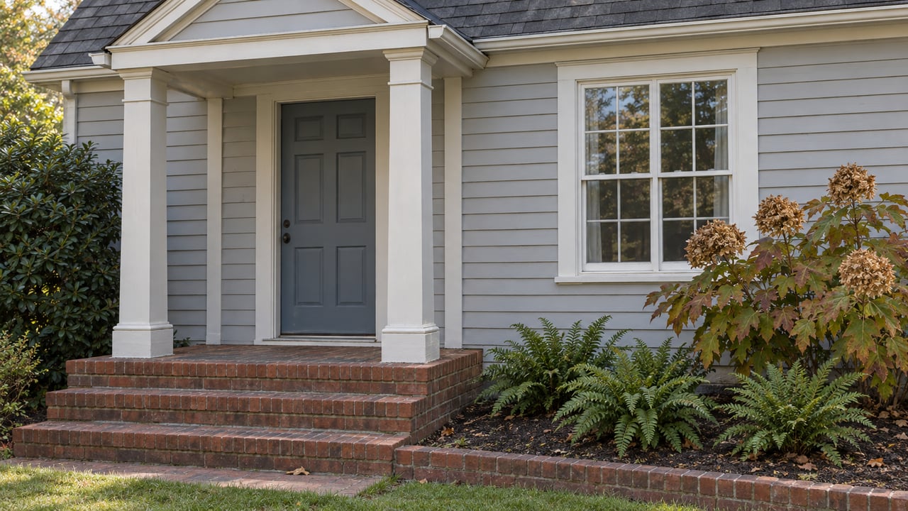Traditional home's pale-gray siding, covered front entry and brick steps beside oakleaf hydrangea and evergreen ferns.