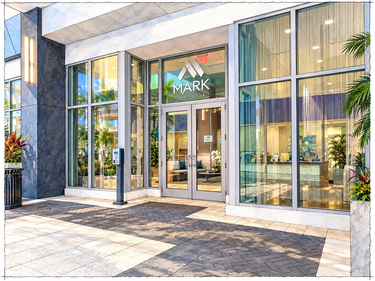 The Mark Sarasota’s glass entrance, with its name above the doors and a furnished lobby visible inside.