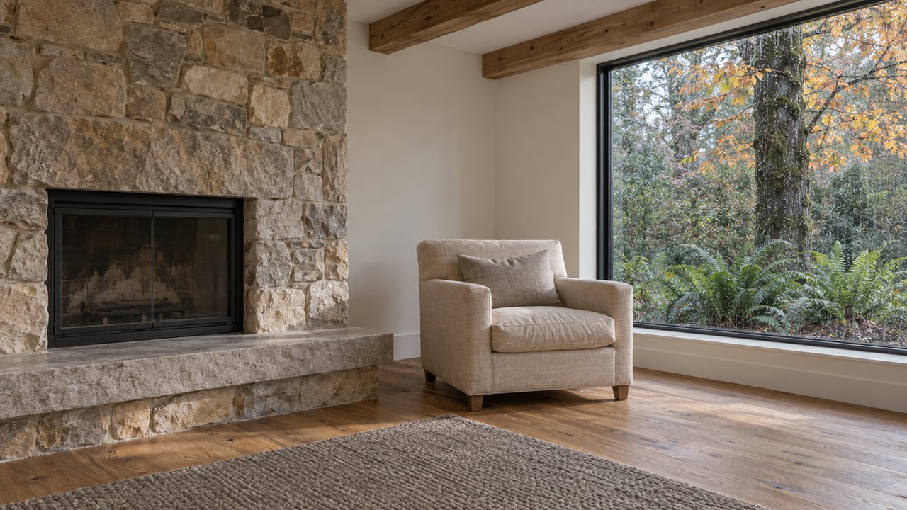 Quiet living-room corner with a pale stone fireplace, oak beams, linen armchair and large window overlooking autumn leaves and ferns.