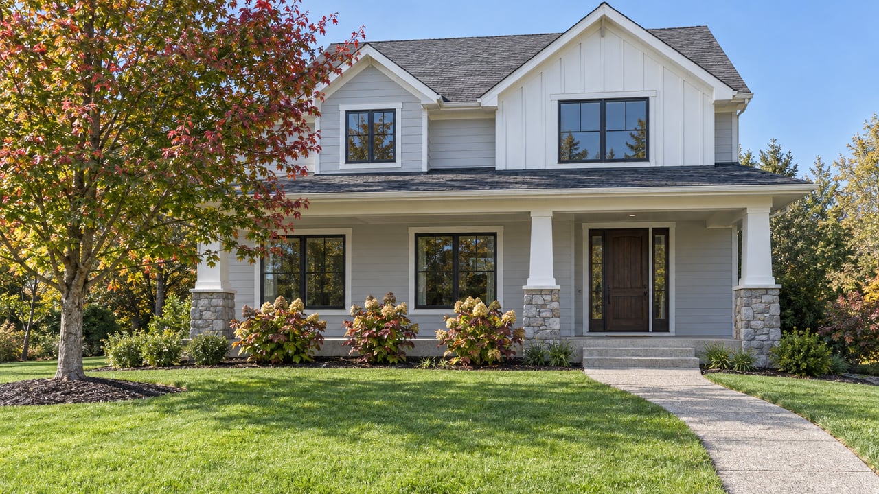 Pale gray two-story home with dark roof, stone porch bases and a deep green front lawn beneath a red maple.
