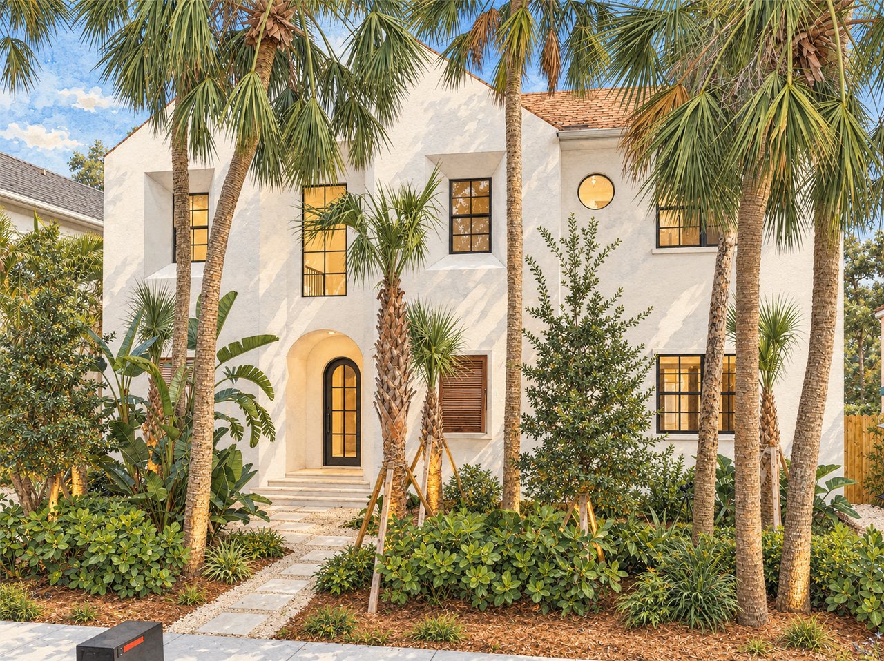 White stucco home with an arched entry, terracotta roof, and palm-lined garden.