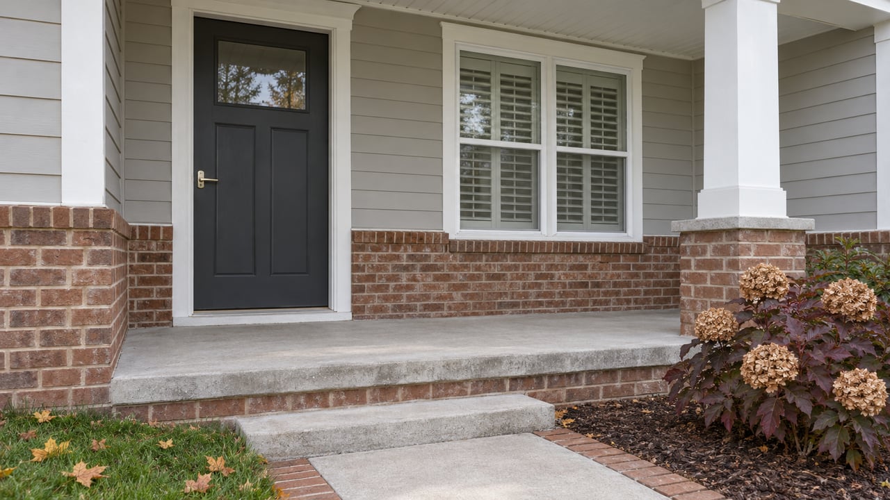 Covered home entry with a charcoal door, pale horizontal siding, brick base and autumn oakleaf hydrangea beside a concrete approach.
