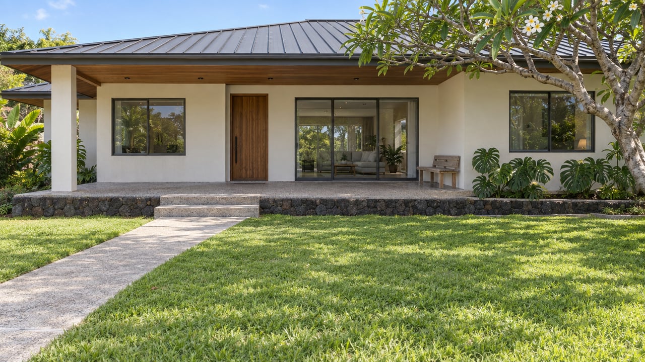 Single-story stucco home with broad wood-lined eaves, a covered concrete lanai, deep lawn, and a flowering plumeria tree.