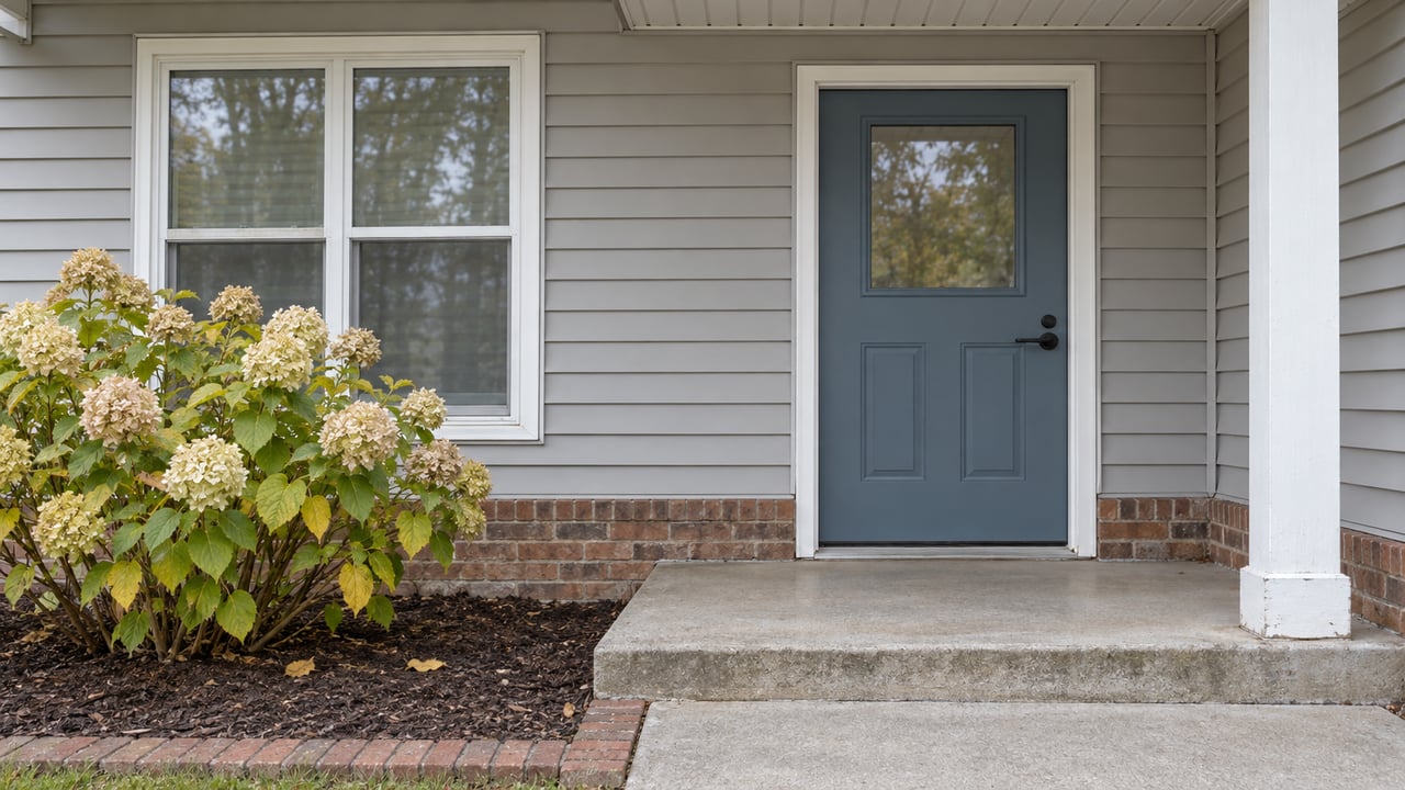 Gray-sided home entry with a muted blue door, white-trimmed window, worn concrete step and flowering hydrangea.