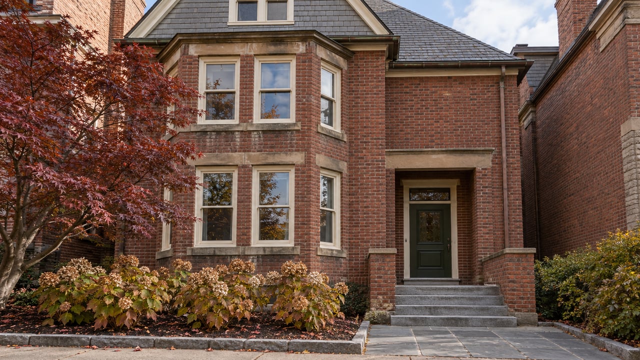 Gabled brick residence with ivory bay windows, a dark green entry door, granite steps and autumn planting.