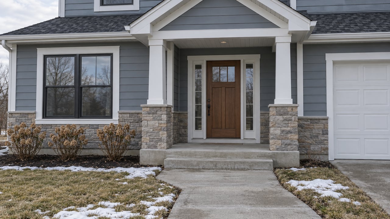 Blue-gray gabled home with a sheltered wood front door, stone-veneer base and cleared walkway beside patches of snow.