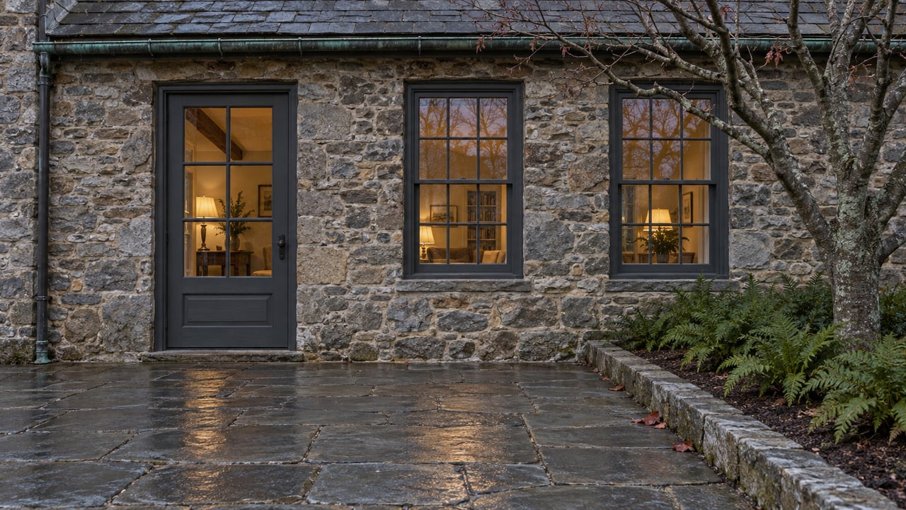Historic fieldstone home with slate eaves, warmly lit closed windows and a rain-darkened bluestone terrace beside a bare flowering dogwood.