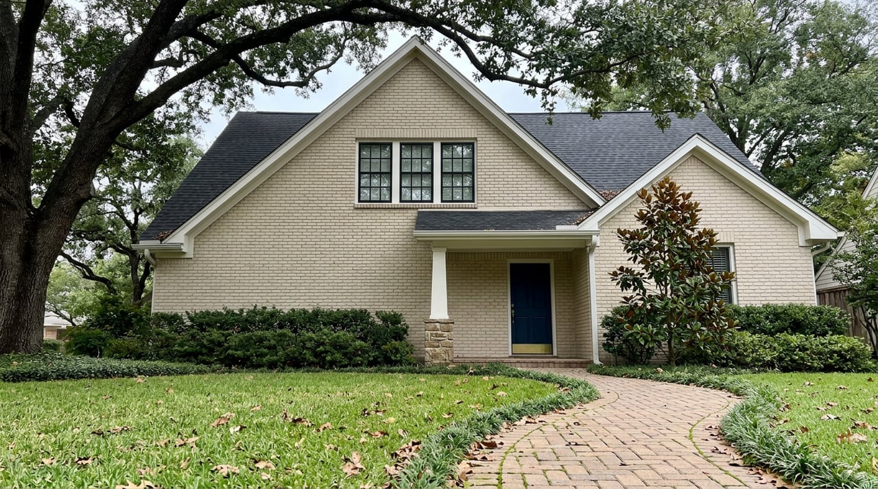 Two-story cream brick home with a navy door, curving paver walkway, and oak branches arching overhead.