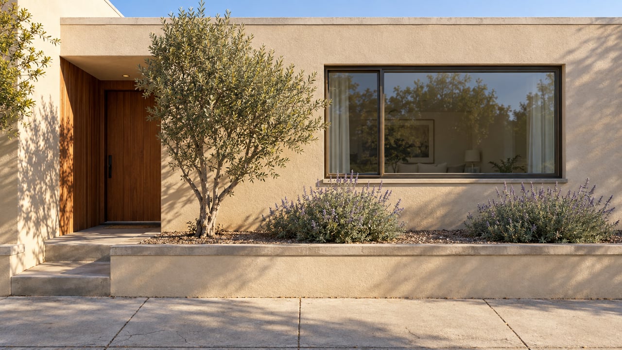 Compact sand-stucco home with a cedar-lined entry, bronze-framed window, olive tree, and low sage mounds.