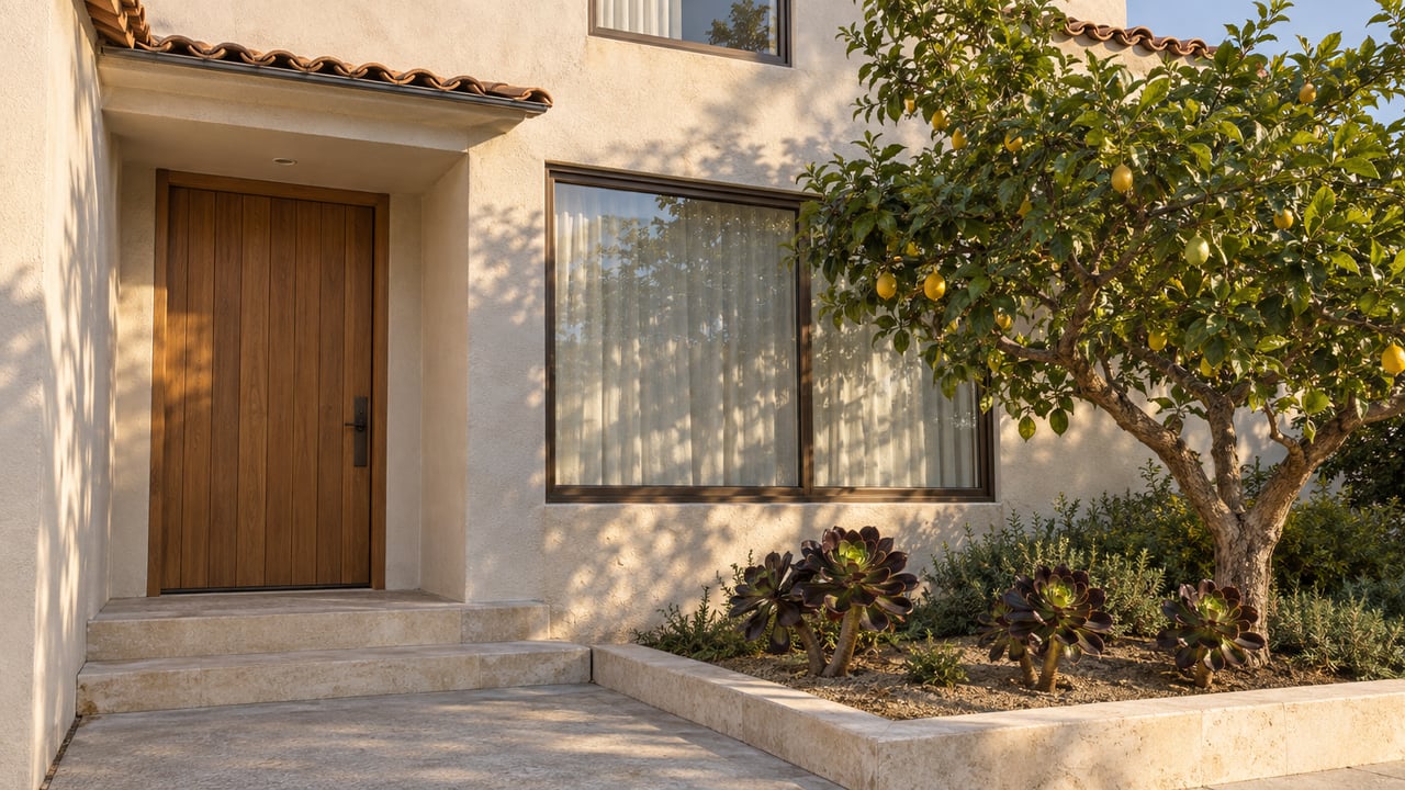 Warm stucco home entrance with an oak door, bronze-framed windows, limestone steps and a lemon tree beside the approach.