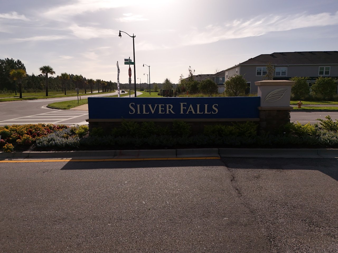 Silver Falls neighborhood entrance sign beside homes and landscaped roadside.