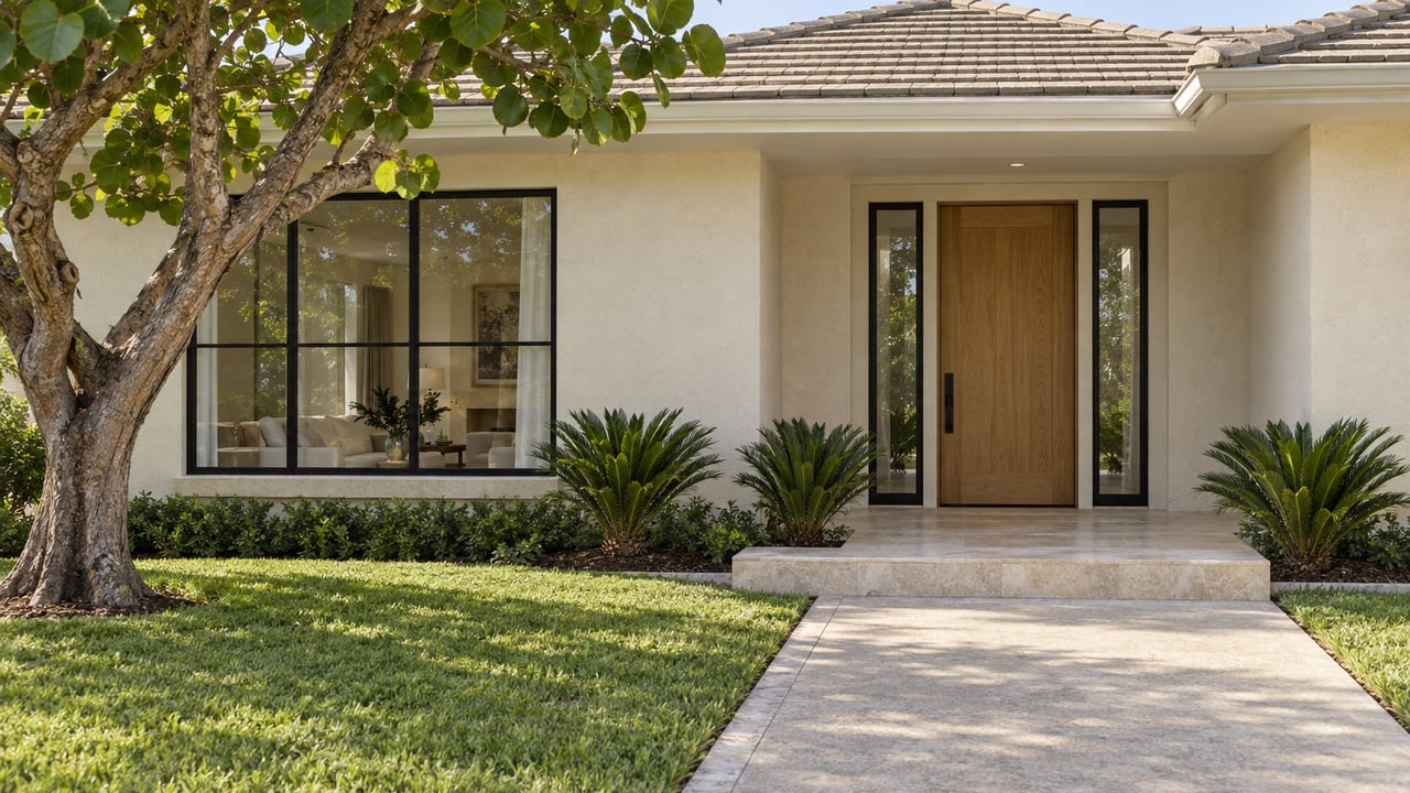 Ivory stucco home with a tiled hip roof, oak entry door, limestone porch, and sculptural sea grape tree beside a deep front approach.