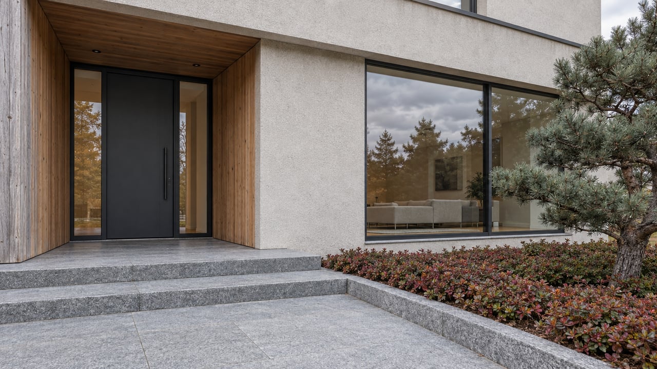 Contemporary home entrance with cedar cladding, pale stucco, granite steps and a sculptural evergreen beside a low planted bed.