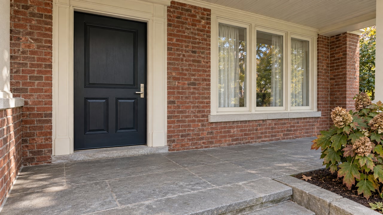 Covered brick entry with a dark paneled door, cream trim, closed windows and worn gray stone steps beside an oakleaf hydrangea.
