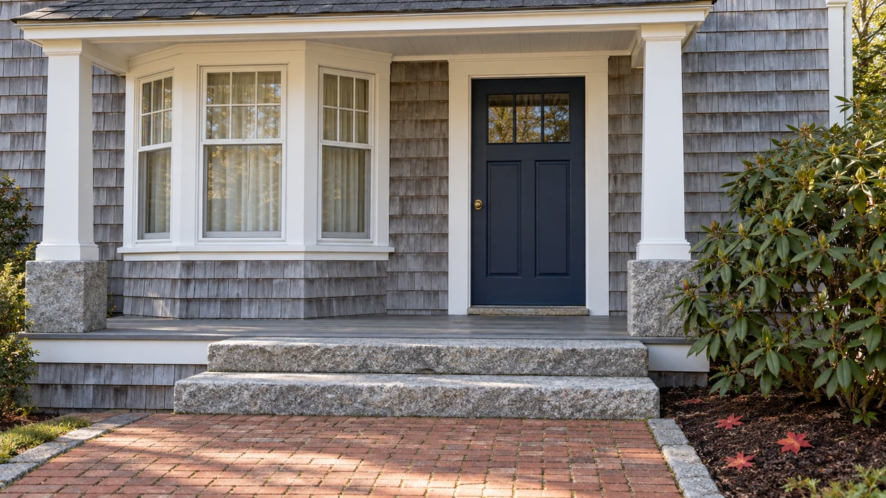Weathered gray shingle home with a navy front door, white bay window, granite steps and a mature rhododendron in clear autumn light.