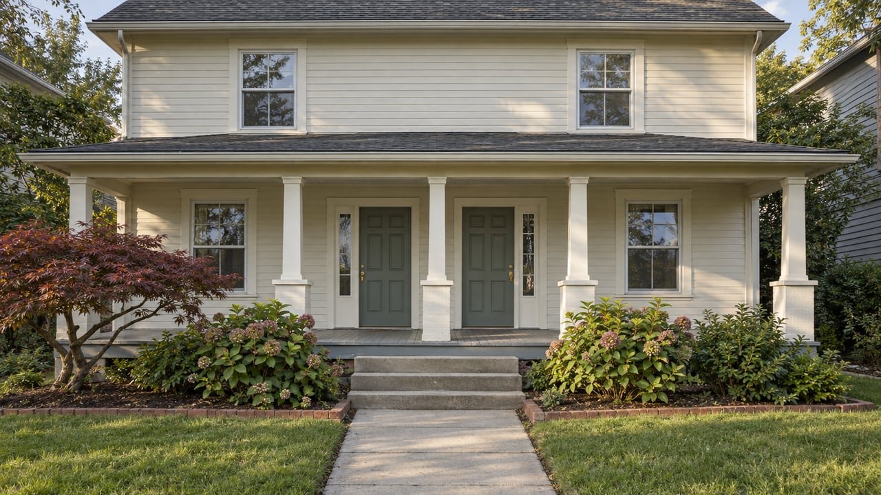Ivory two-story house with two front doors beneath a shared porch, concrete walk, and small garden.