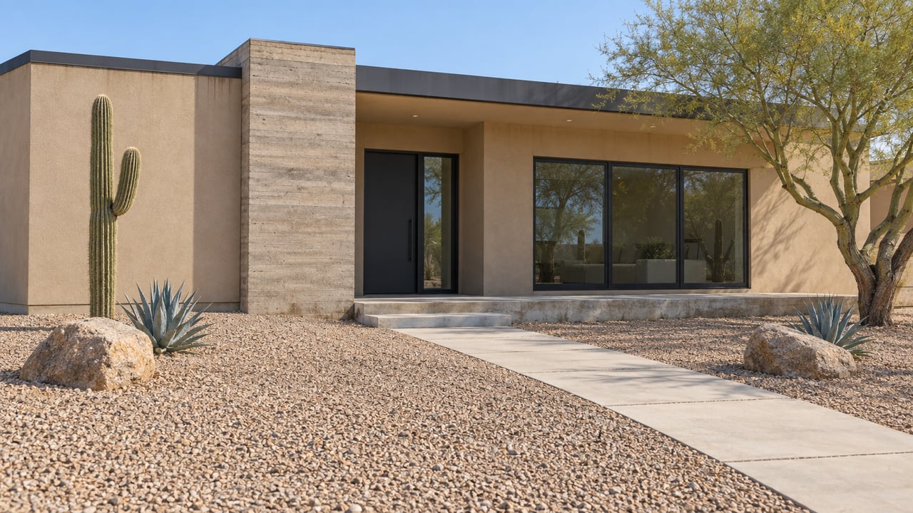 A flat-roof stucco and concrete home behind a broad gravel forecourt, with a raised entry terrace, saguaro, sculptural palo verde, and two agaves.