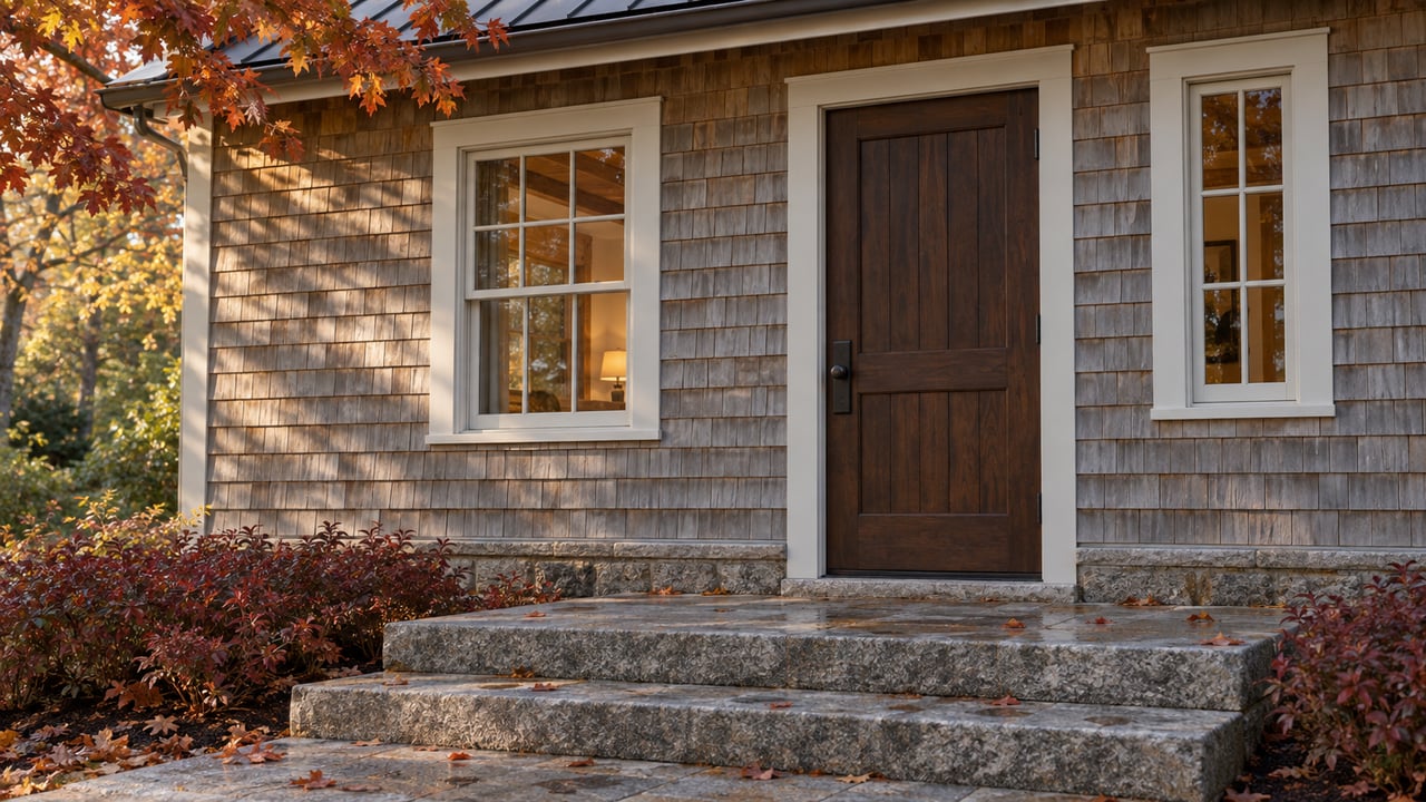 Cedar-shingle house entry with a dark timber door, granite steps, and copper-red oak leaves overhead.