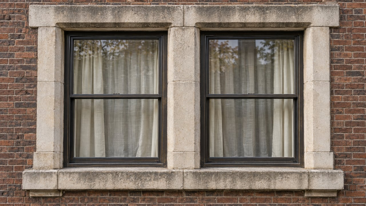 Two bronze-framed residential windows with linen curtains, set in aged limestone and russet brick.
