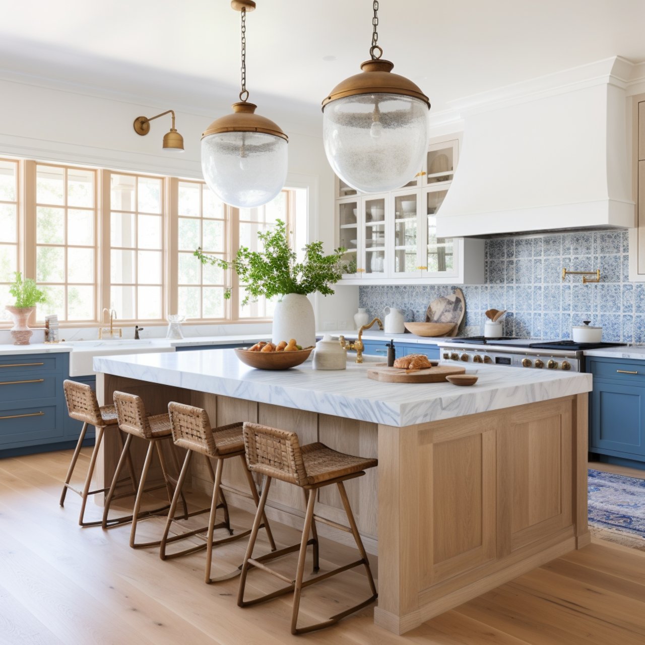 Bright kitchen with a marble island, blue cabinets, woven stools, and tall windows.