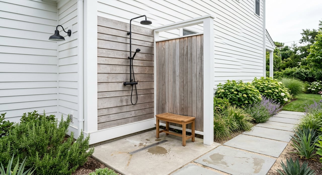 Outdoor shower with black fixtures against sunlit cedar slats and clapboard siding, bordered by shrubs and grasses.