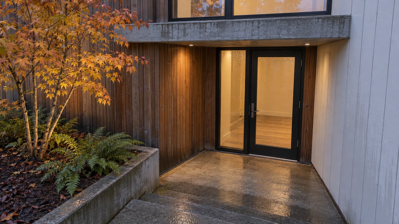 A cedar-clad townhouse entrance at blue hour, with warm light behind closed glass, damp concrete steps and an autumn vine maple in a raised bed.