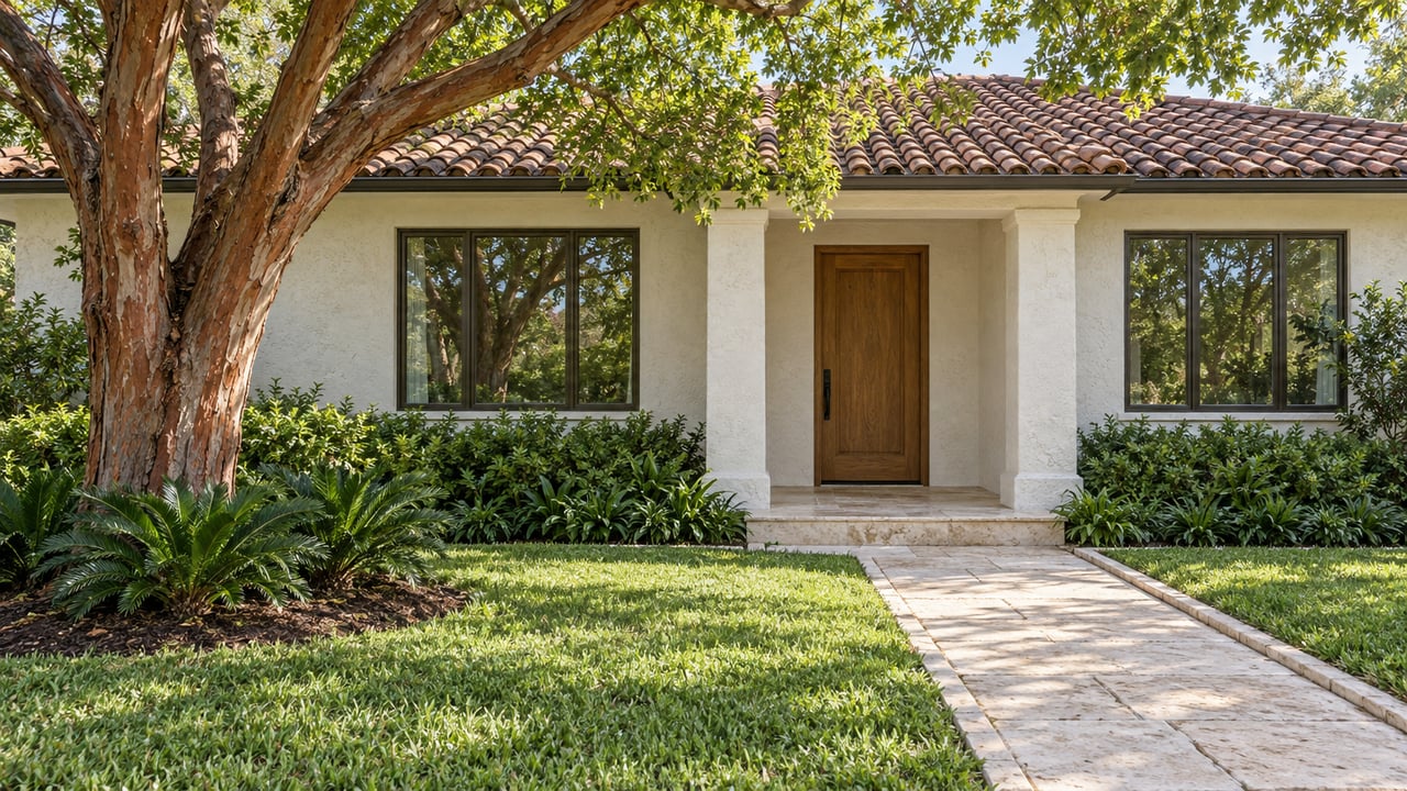 A terracotta-roofed white stucco home behind a deep lawn and limestone approach, shaded by a mature copper-barked tree.