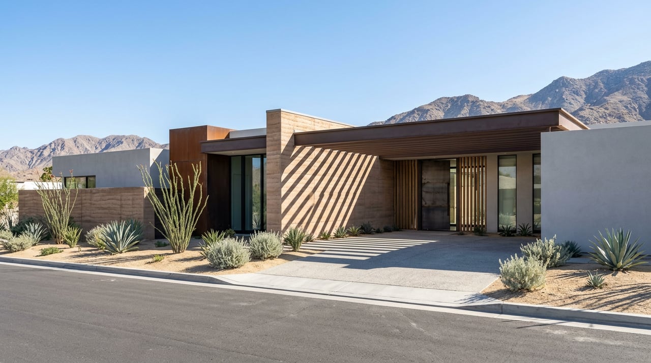 Desert-modern stucco home with a recessed walnut-toned door, palo verde tree, saguaro, and gravel landscaping.